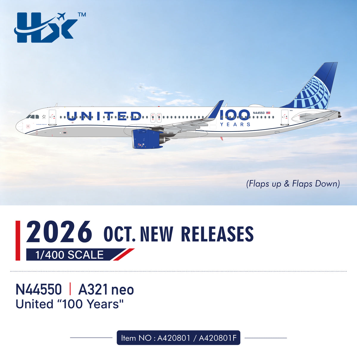 Pre-Order HX Models 1:400 United Airlines Airbus A321neo N44550 "100 Years"