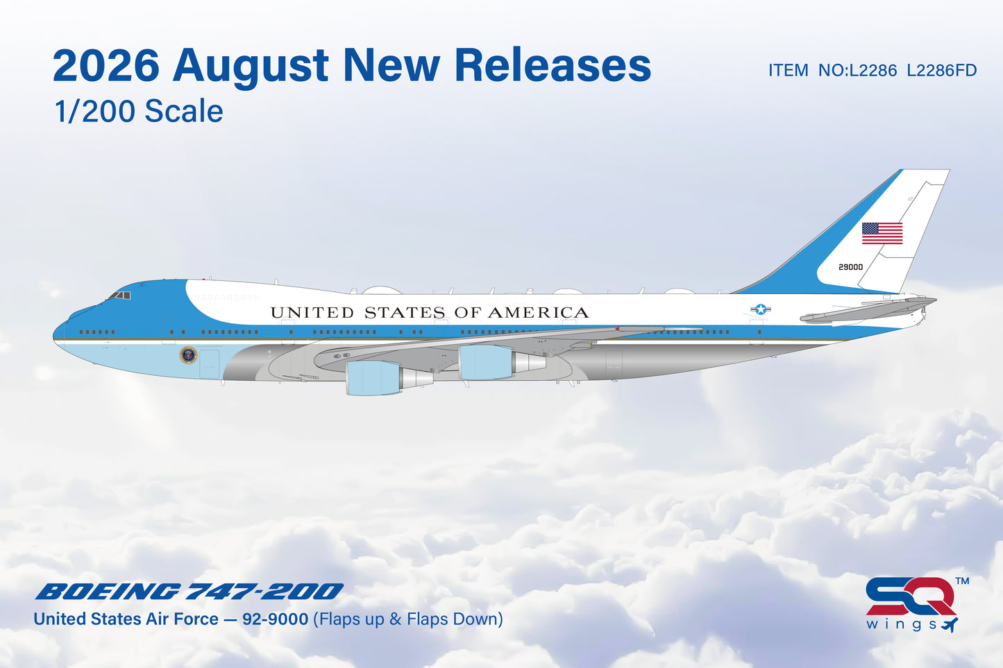 Pre-Order SQ Wings 1:200 United States Air Force Boeing 747-200 92-9000